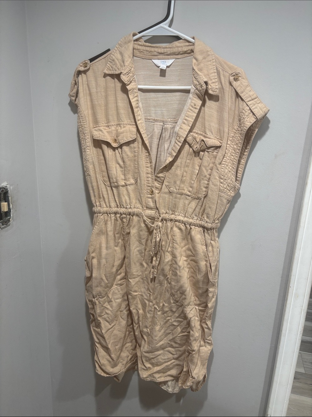 Time and Tru Beige Drawstring Shirt Romper Dress